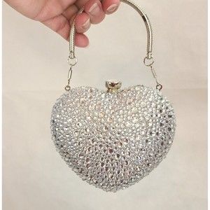 RAMLA Silver Heart Shape Crystal Clutch Purse Handle/Chain Prom Gala Wedding$189
